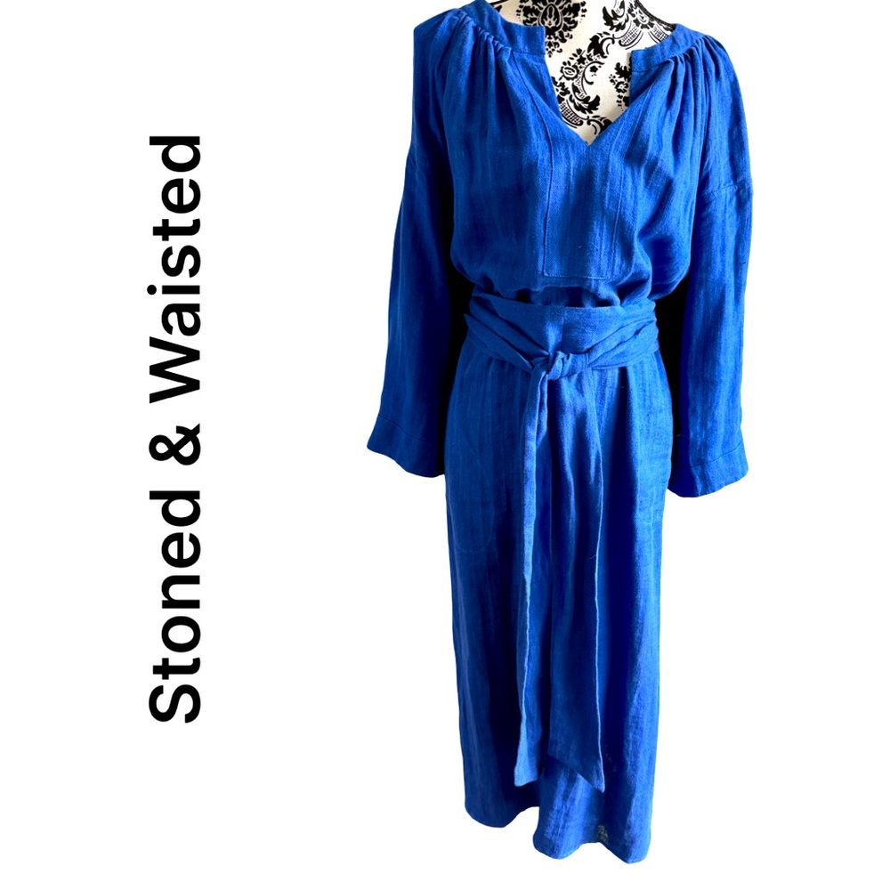 Stoned & Waisted OLGA royal blue heavy linen dress w cumberband size XL-XXL NOWT